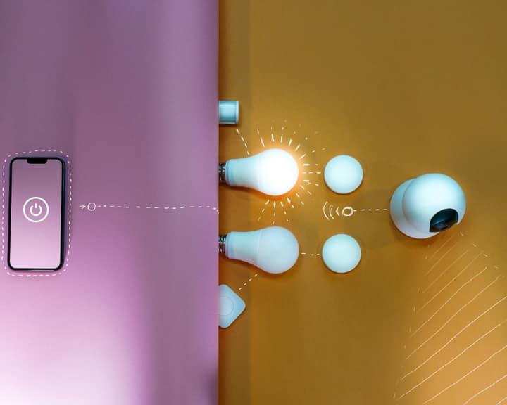 Smart-home devices controlled from a phone — lights and camera