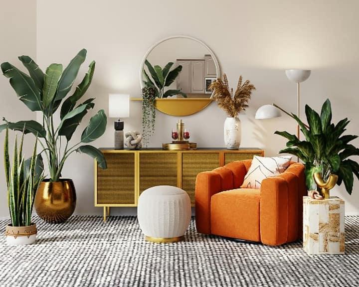 Styled luxury living room with plants and a designer armchair